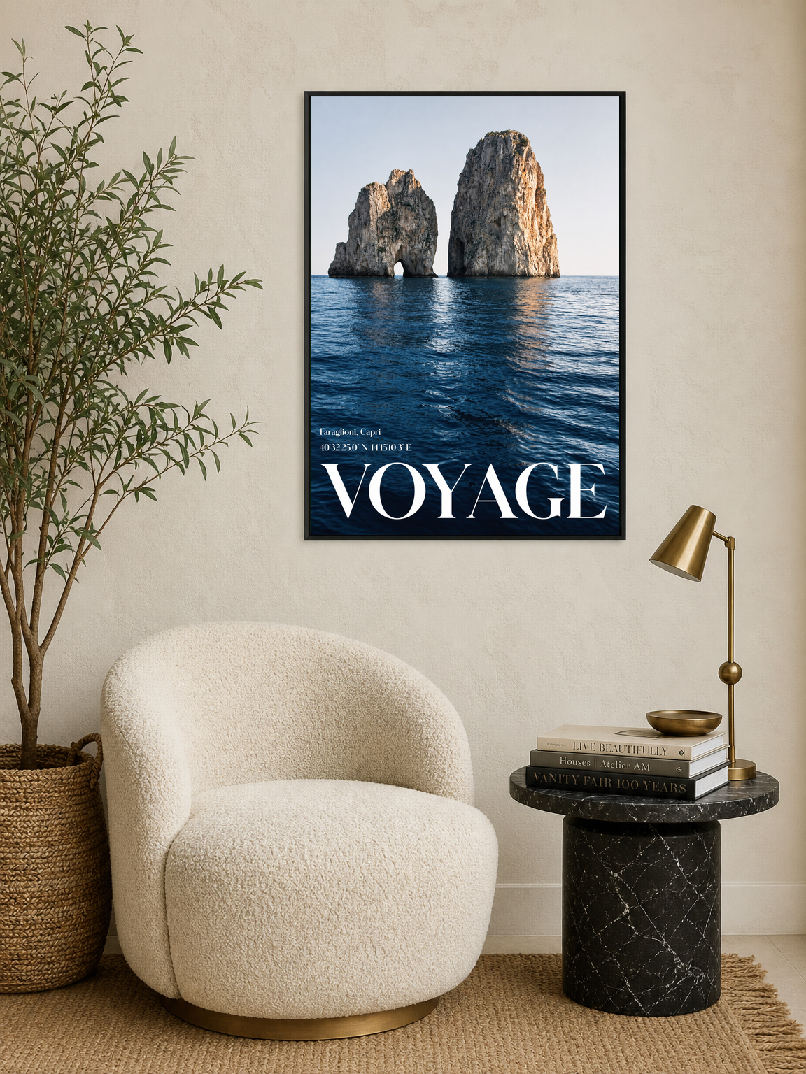 Voyage Capri Sea Stack Wall Art Print - black framed