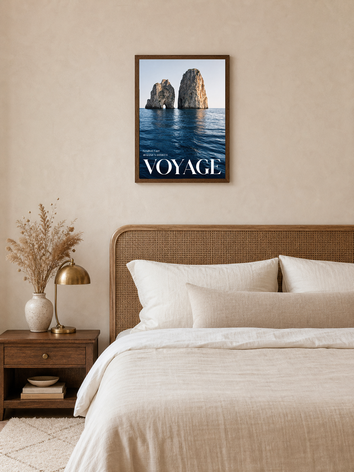 Voyage Capri Sea Stack Wall Art Print - dark wood framed