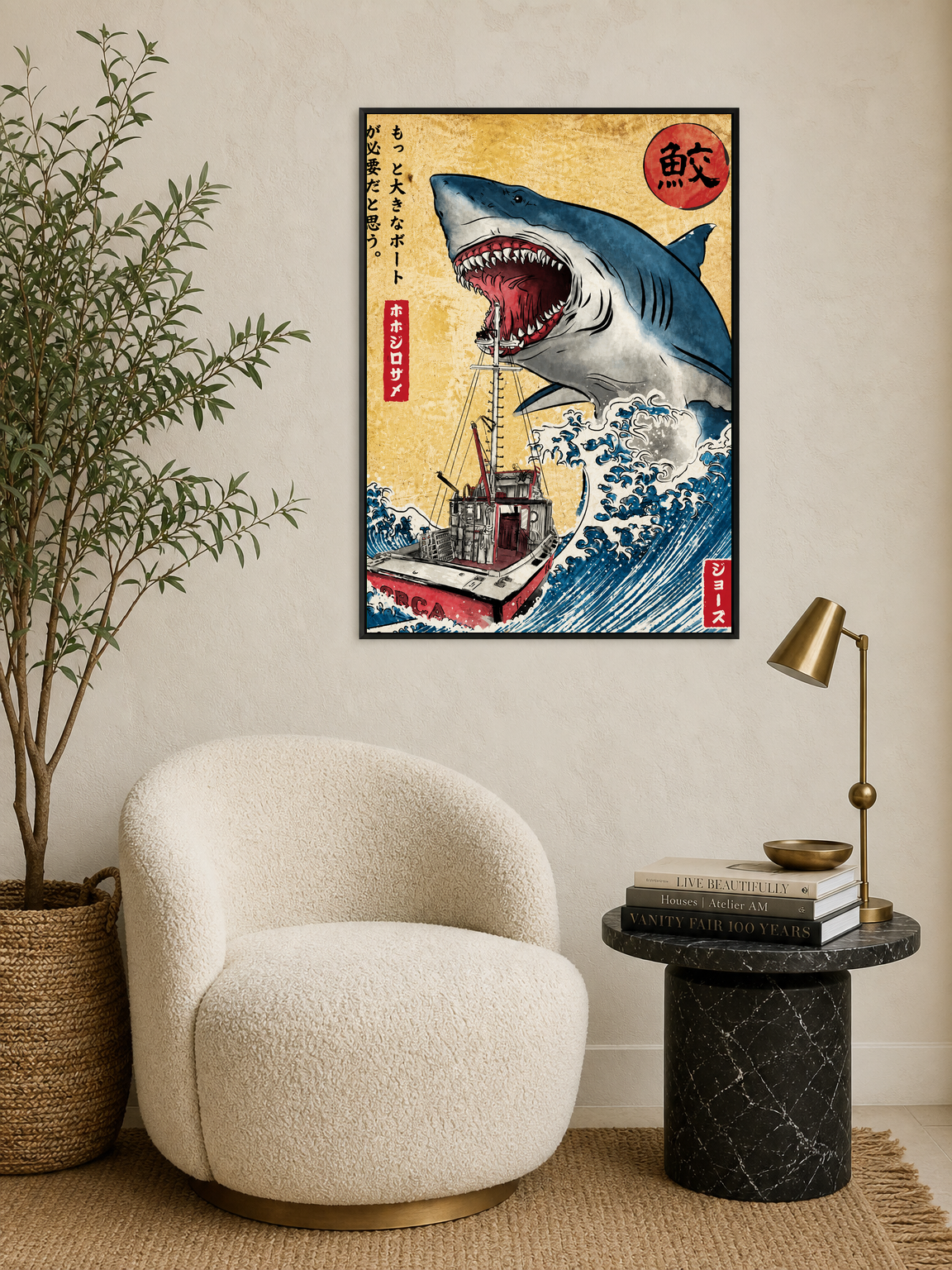 Japanese Shark Attack Wall Art Print - black framed