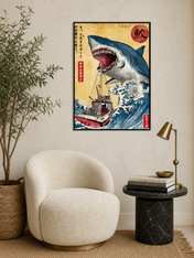 Japanese Shark Attack Wall Art Print - black framed