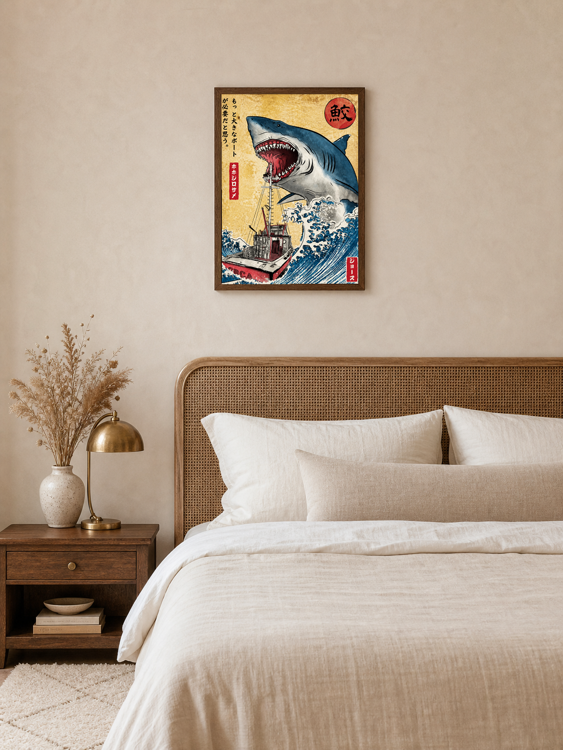 Japanese Shark Attack Wall Art Print - dark wood framed
