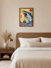 Japanese Shark Attack Wall Art Print - dark wood framed