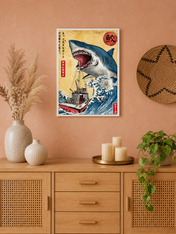 Japanese Shark Attack Wall Art Print - white framed
