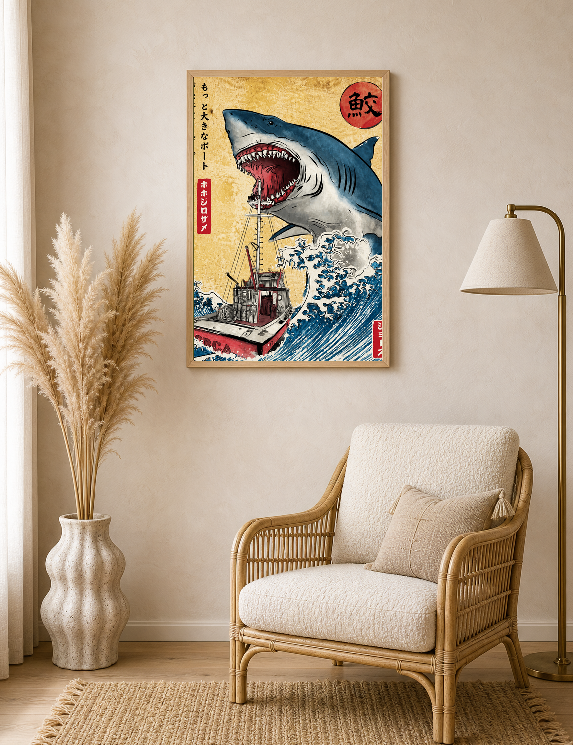 Japanese Shark Attack Wall Art Print - wood framed poster