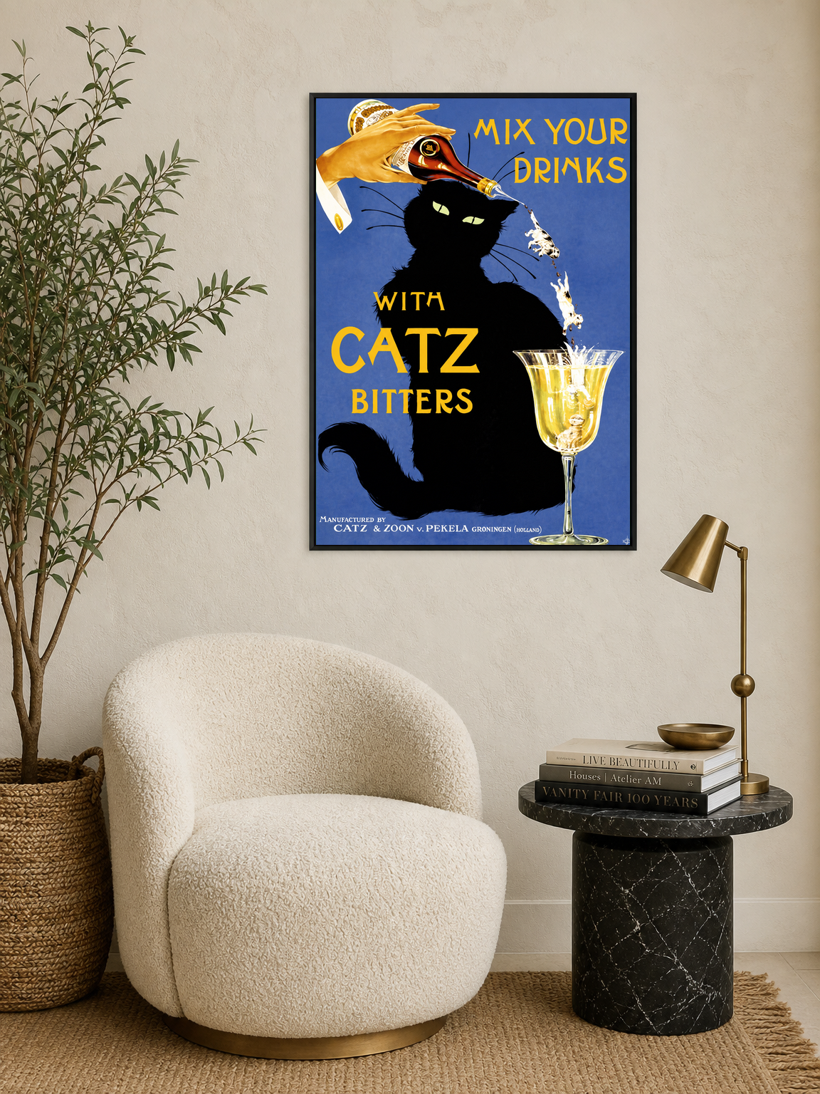Vintage Catz Bitters Cat Bar Wall Art Print - black framed