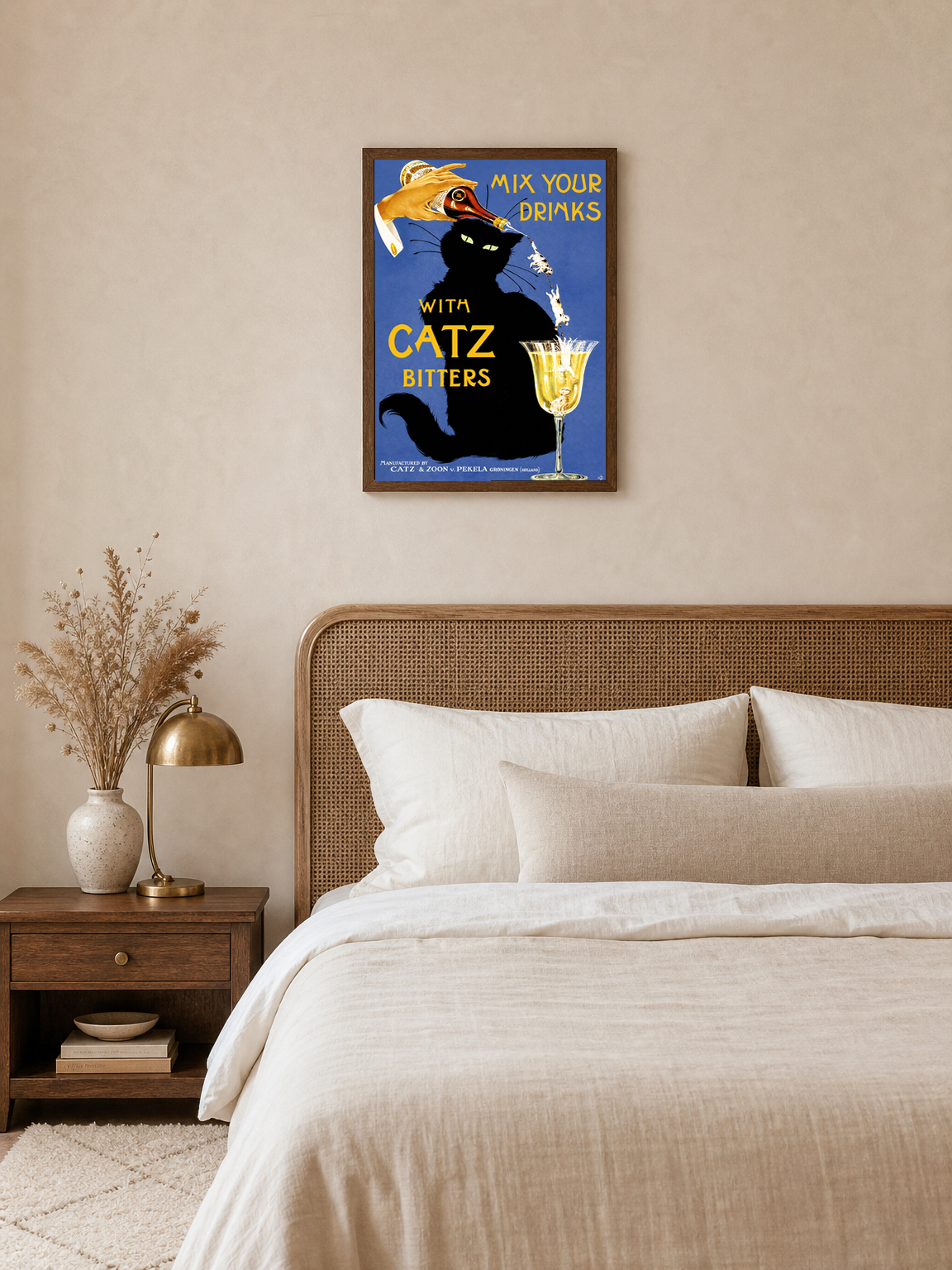 Vintage Catz Bitters Cat Bar Wall Art Print - dark wood framed