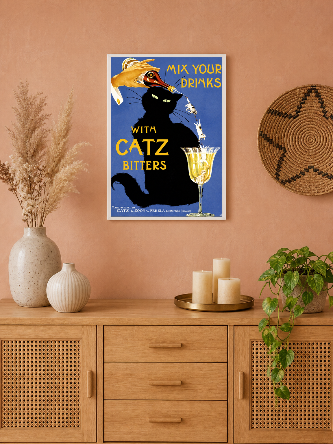 Vintage Catz Bitters Cat Bar Wall Art Print - white framed