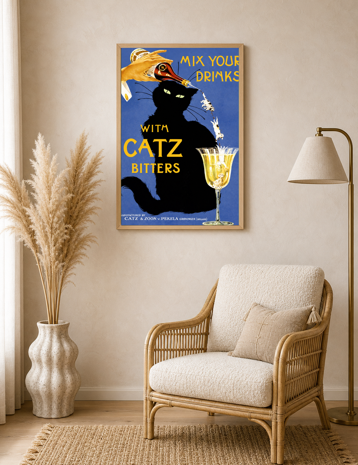 Vintage Catz Bitters Cat Bar Wall Art Print - wood framed poster
