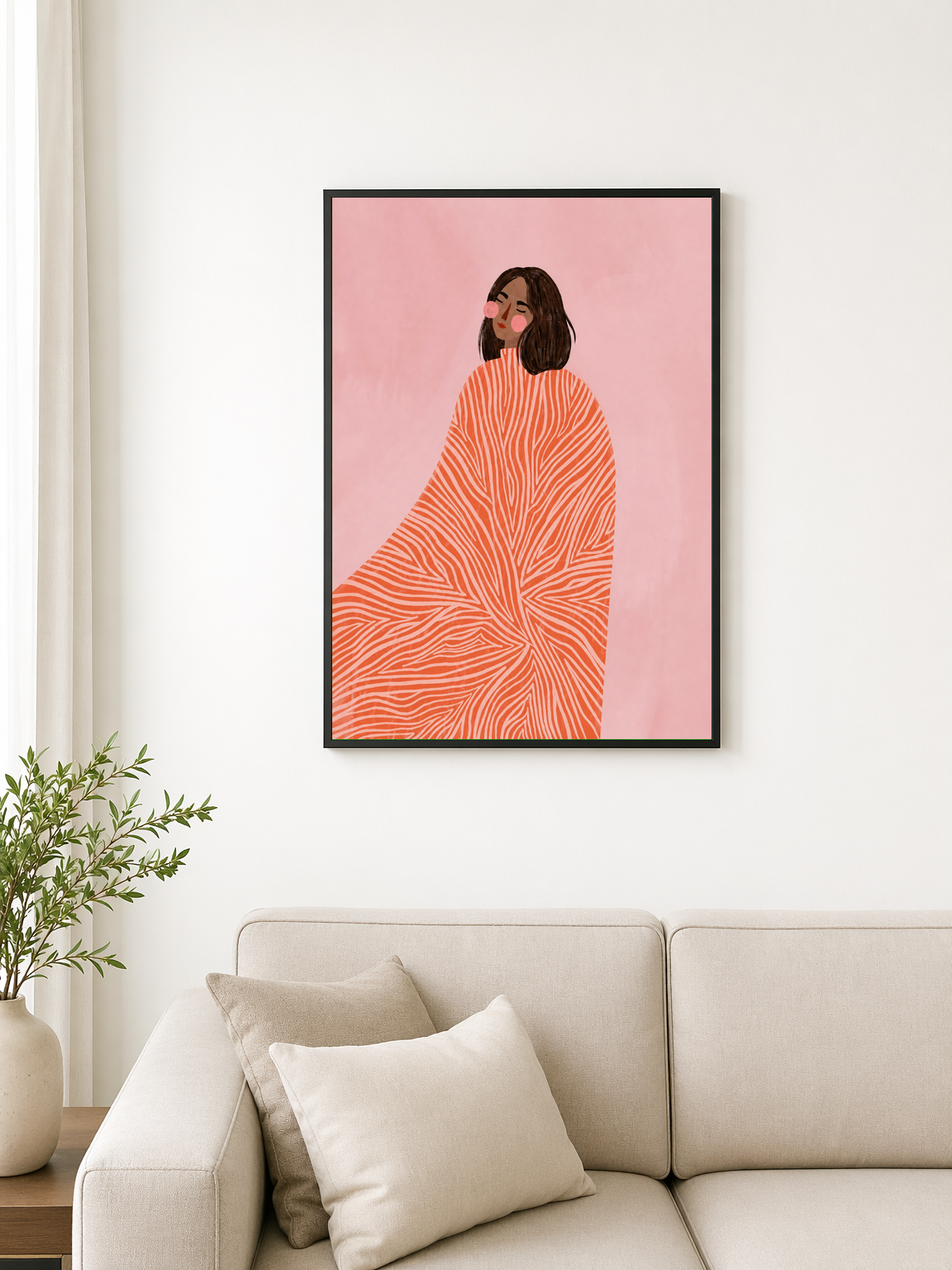 Abstract Woman in Coral Cape Wall Art Print - black framed