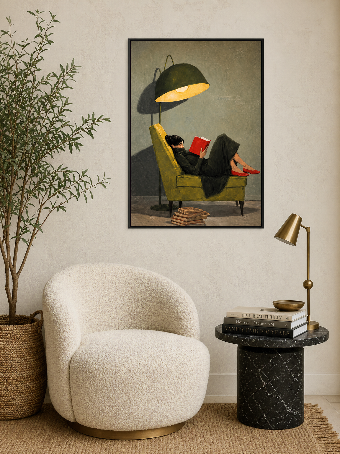 Woman Reading Under Lamp Wall Art Print - black framed