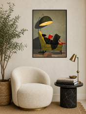Woman Reading Under Lamp Wall Art Print - black framed