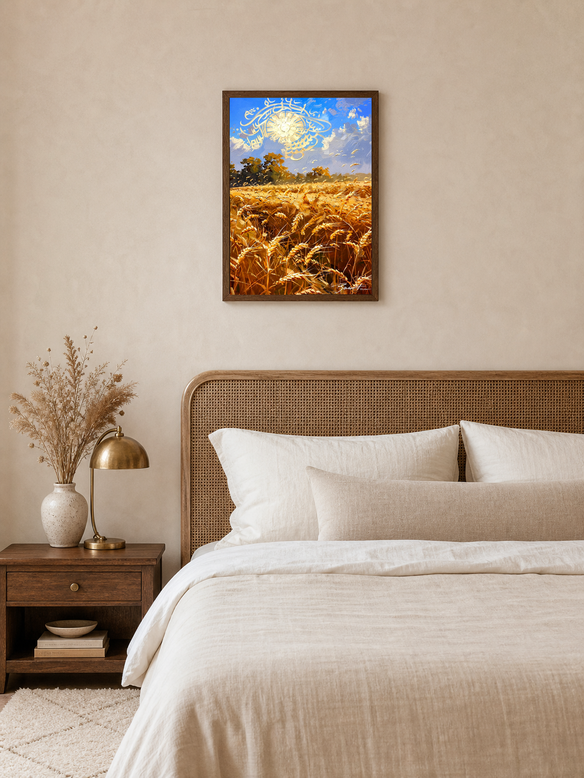 Golden Wheat Field Islamic Calligraphy Wall Art Print - dark wood framed