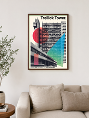 Trellick Tower Brutalist Wall Art Print - dark wood framed