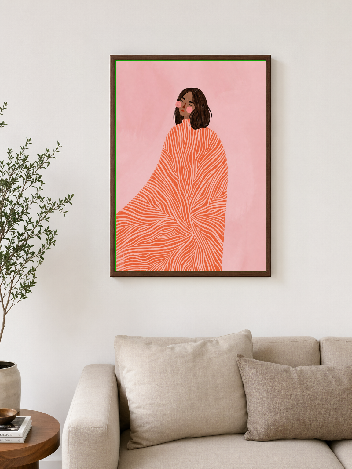 Abstract Woman in Coral Cape Wall Art Print - dark wood framed