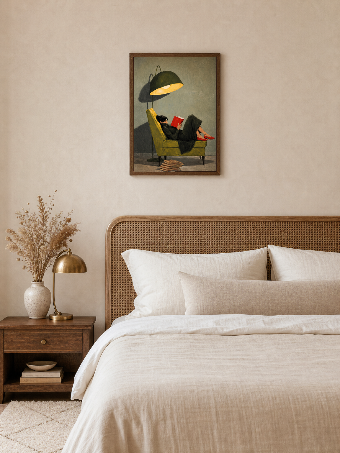 Woman Reading Under Lamp Wall Art Print - dark wood framed