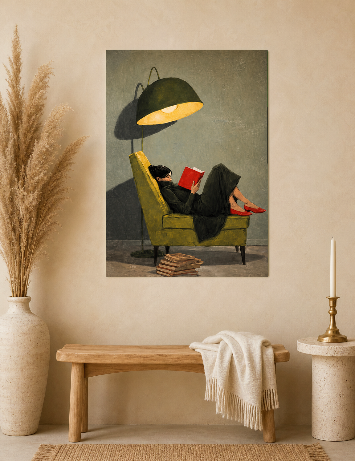 Woman Reading Under Lamp Wall Art Print - unframed mockup