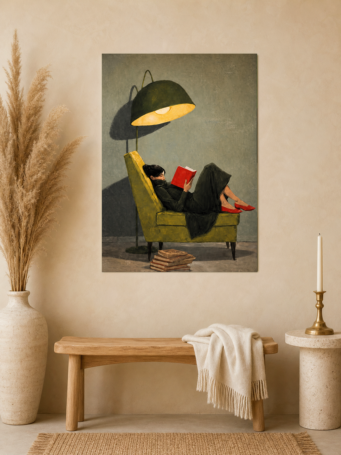 Woman Reading Under Lamp Wall Art Print - unframed mockup