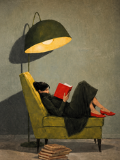 Woman Reading Under Lamp Wall Art Print - unframed