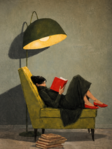 Woman Reading Under Lamp Wall Art Print