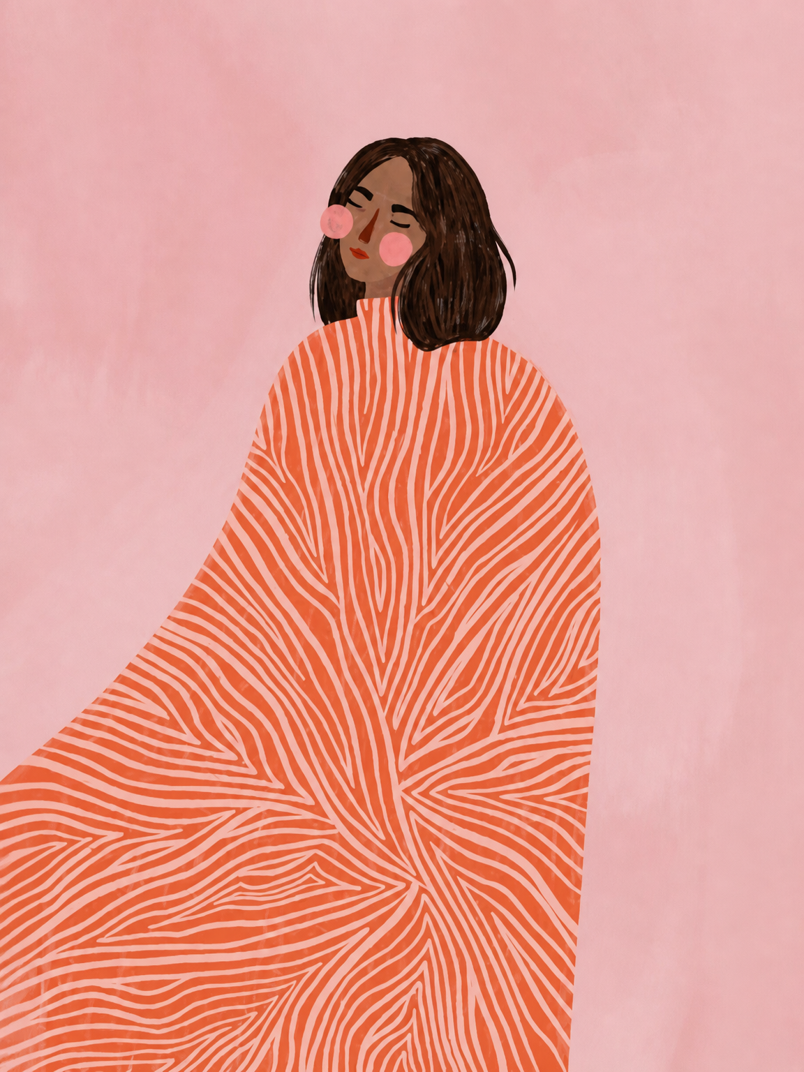 Abstract Woman in Coral Cape Wall Art Print - unframed