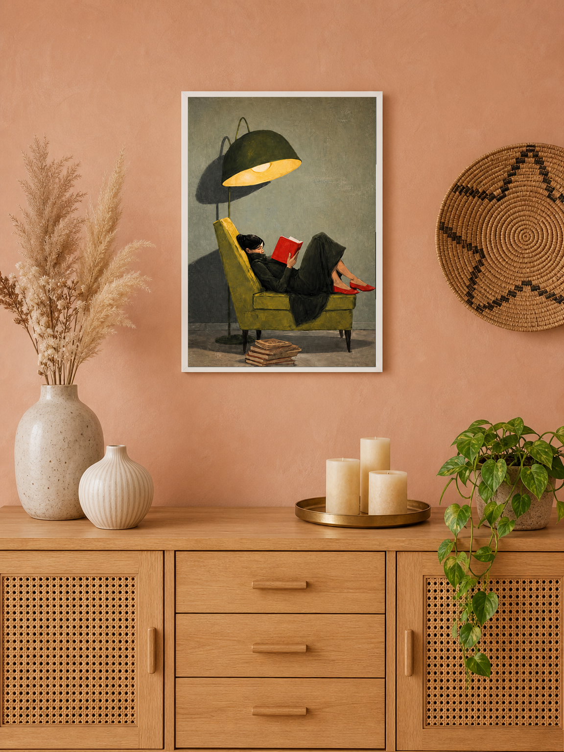 Woman Reading Under Lamp Wall Art Print - white framed