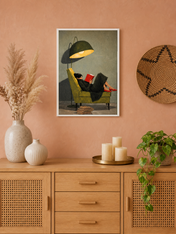 Woman Reading Under Lamp Wall Art Print - white framed