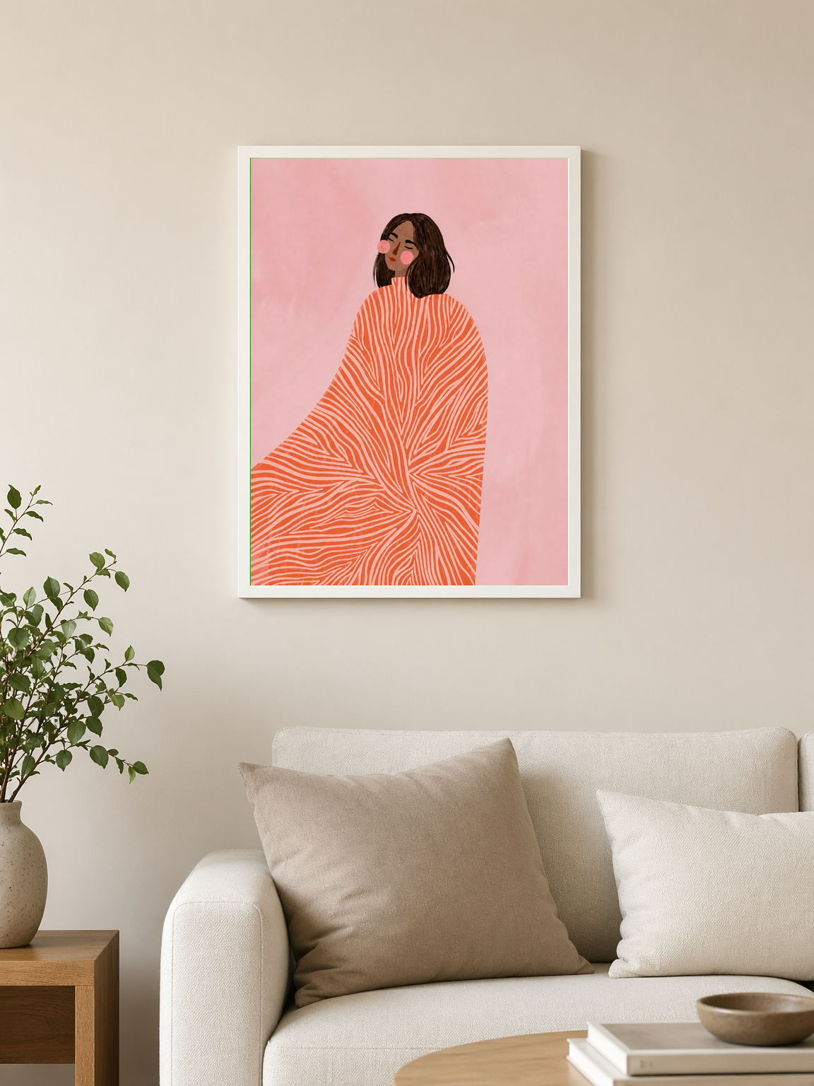 Abstract Woman in Coral Cape Wall Art Print - white framed