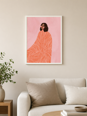 Abstract Woman in Coral Cape Wall Art Print - white framed