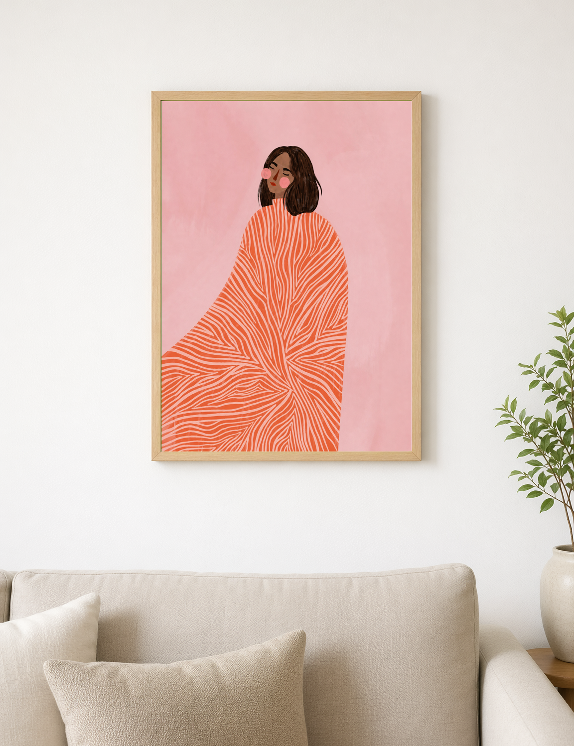 Abstract Woman in Coral Cape Wall Art Print - wood framed poster