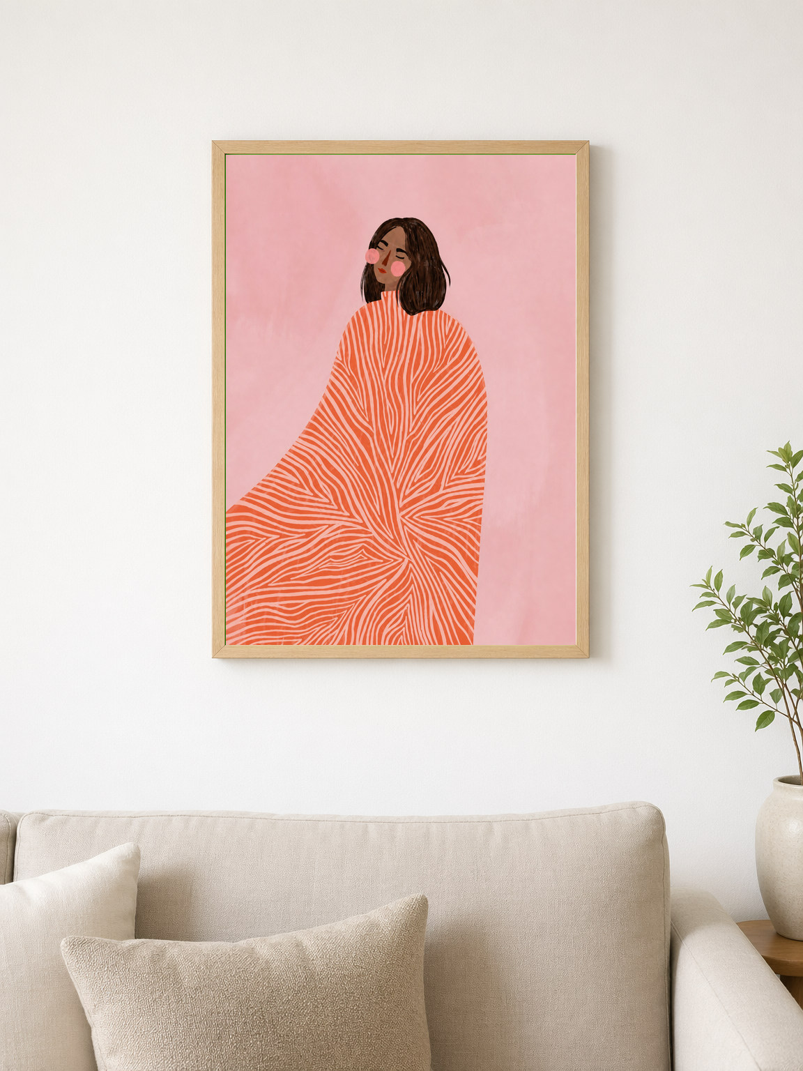 Abstract Woman in Coral Cape Wall Art Print - wood framed poster