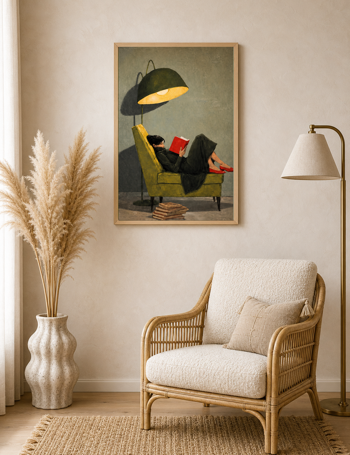 Woman Reading Under Lamp Wall Art Print - wood framed poster