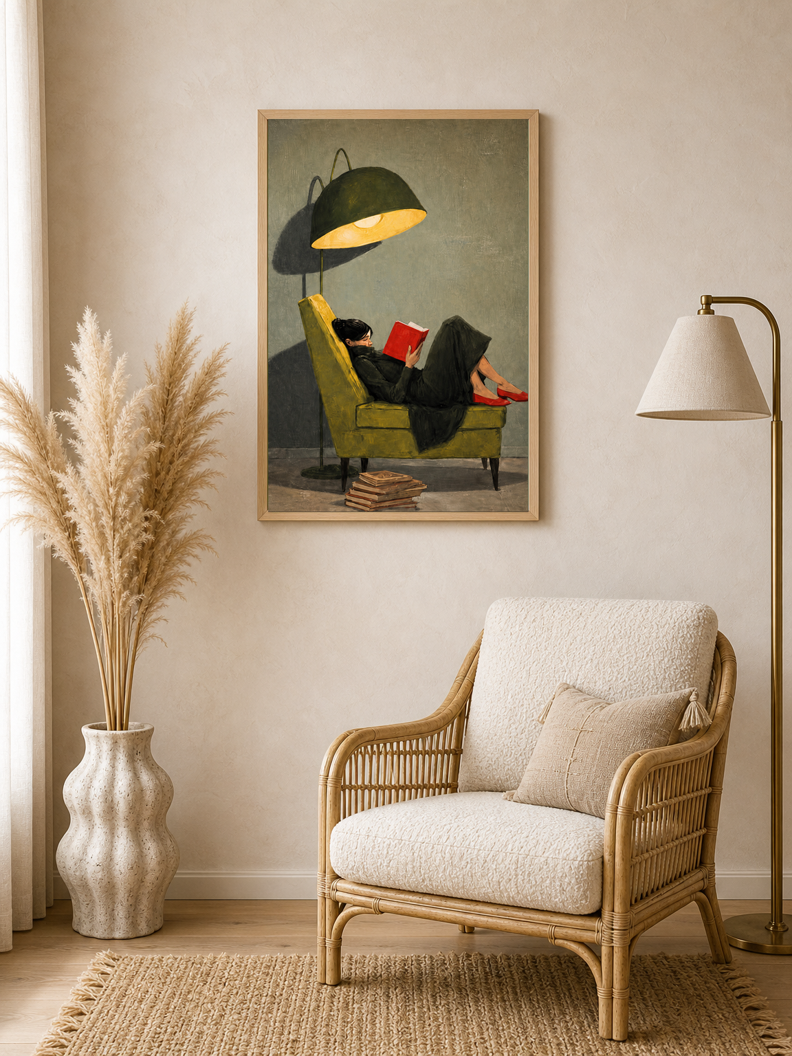 Woman Reading Under Lamp Wall Art Print - wood framed poster