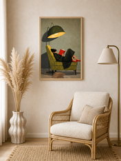 Woman Reading Under Lamp Wall Art Print - wood framed poster