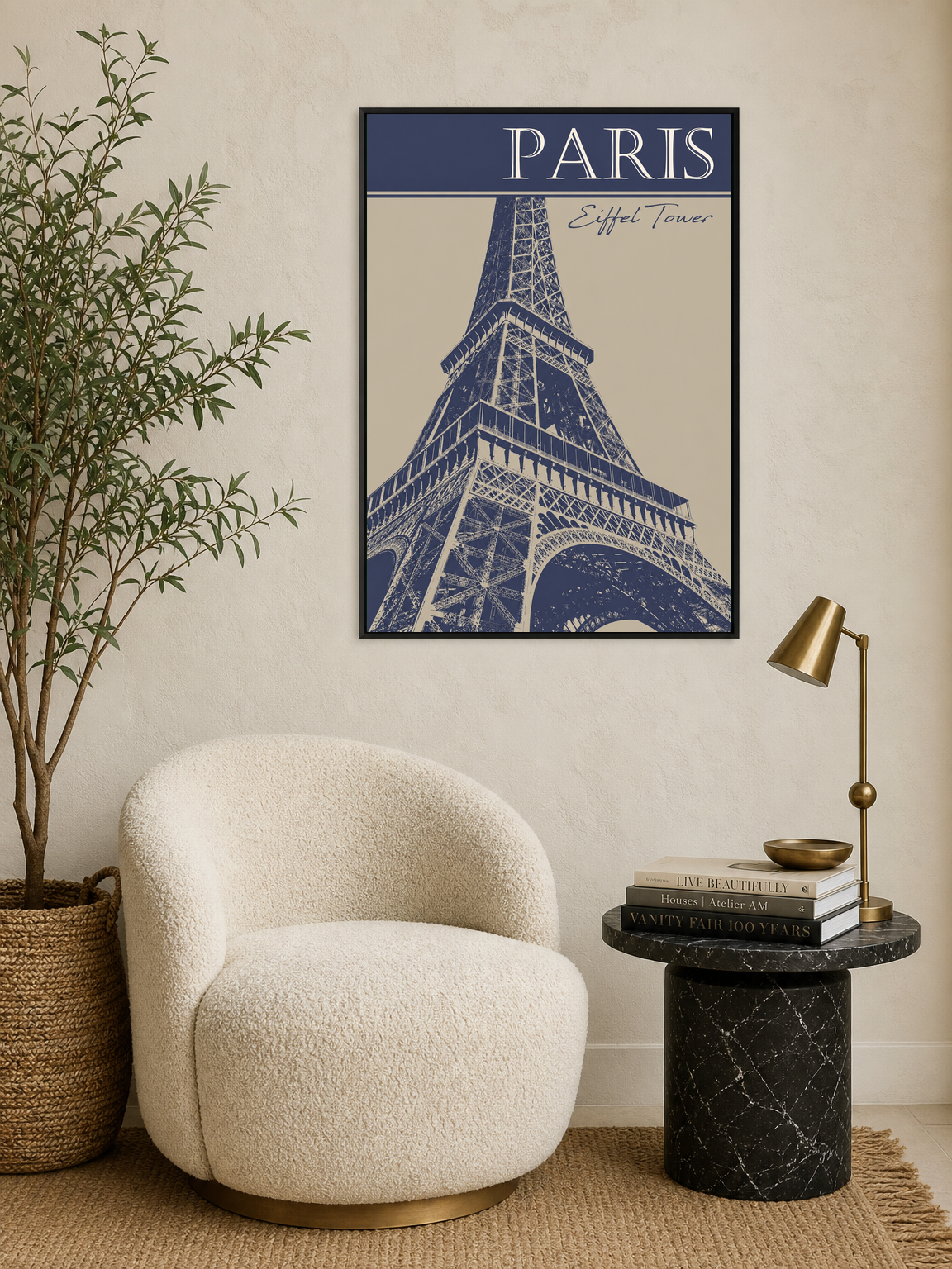 Paris Eiffel Tower Blue Wall Art Print - black framed
