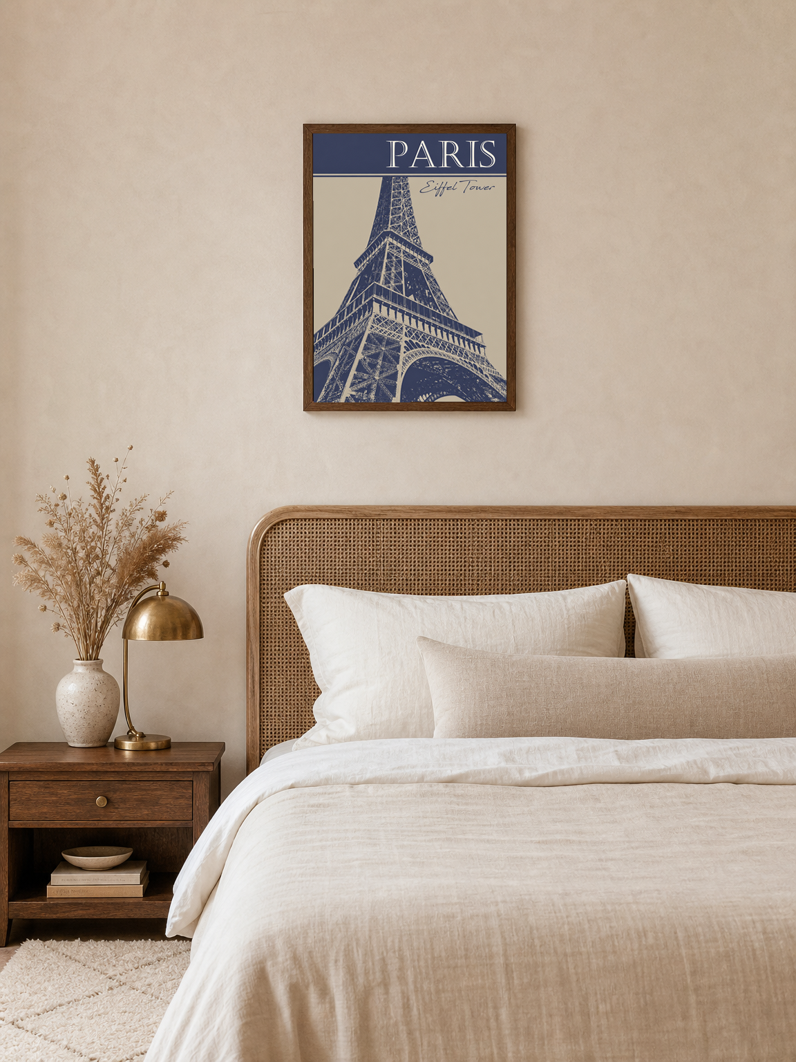 Paris Eiffel Tower Blue Wall Art Print - dark wood framed