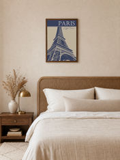 Paris Eiffel Tower Blue Wall Art Print - dark wood framed