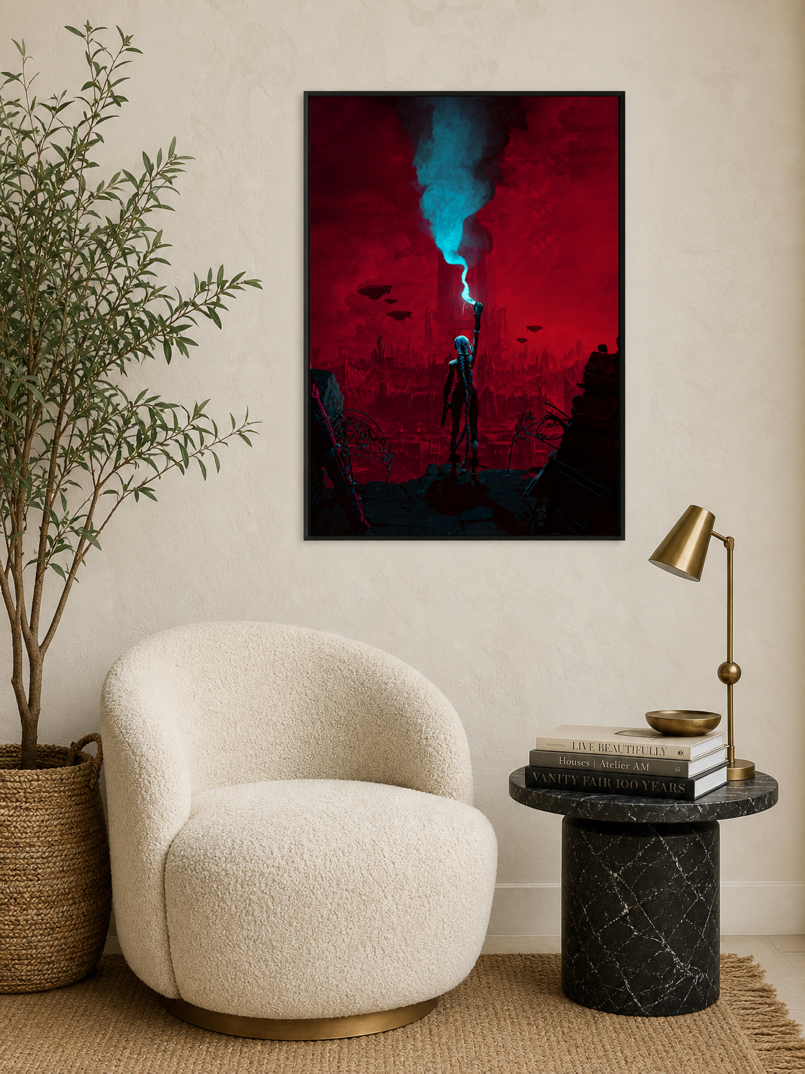 Cyberpunk Signal Cityscape Wall Art Print - black framed