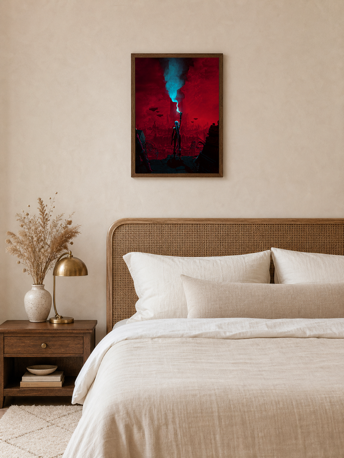 Cyberpunk Signal Cityscape Wall Art Print - dark wood framed