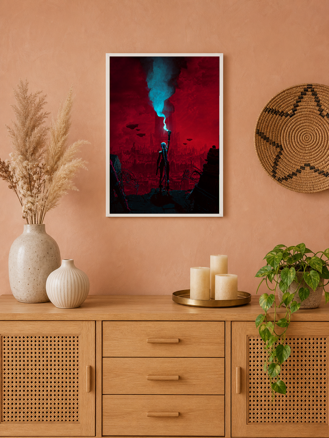 Cyberpunk Signal Cityscape Wall Art Print - white framed