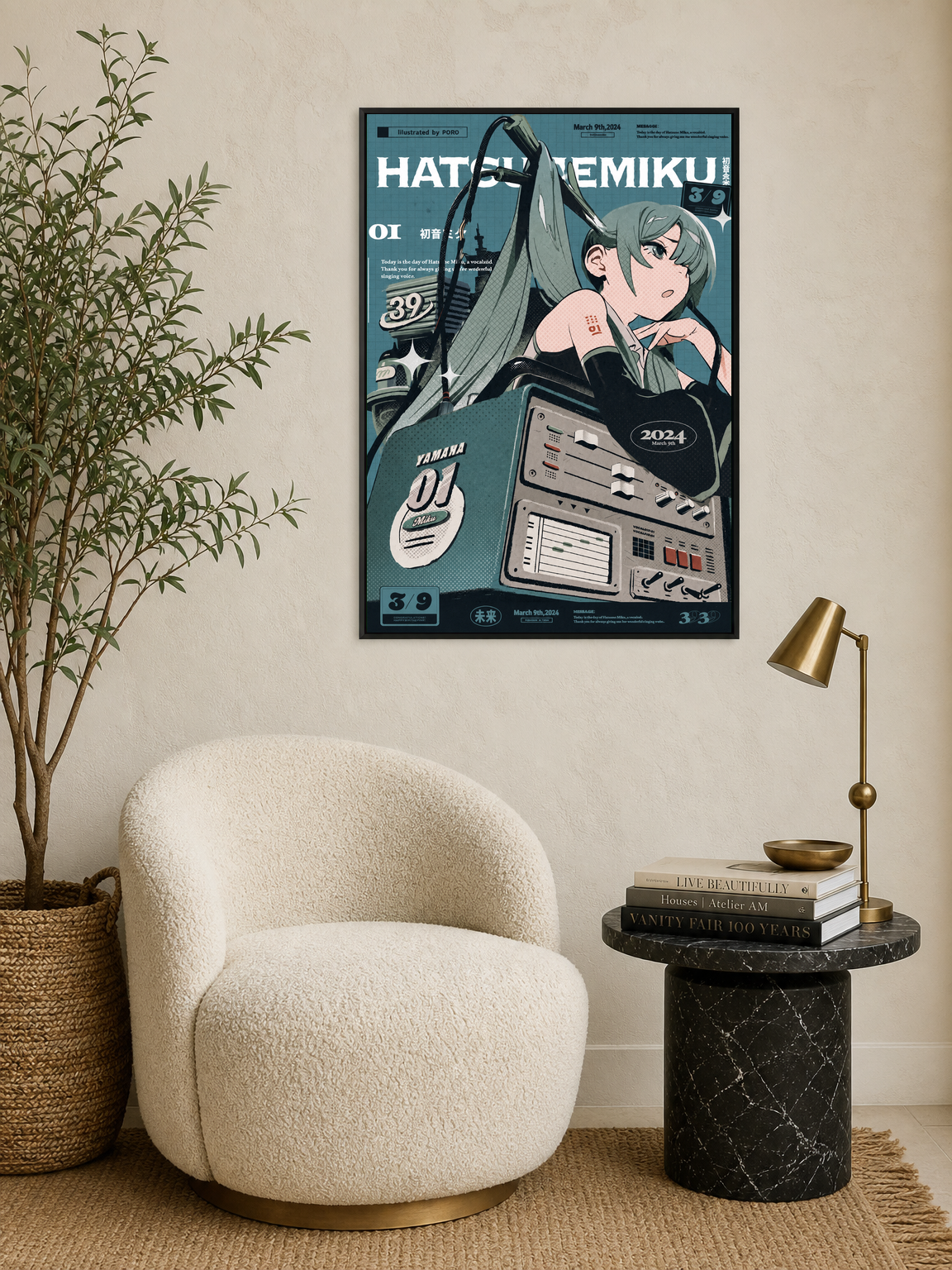 Hatsune Miku Retro Tech Poster Wall Art Print - black framed