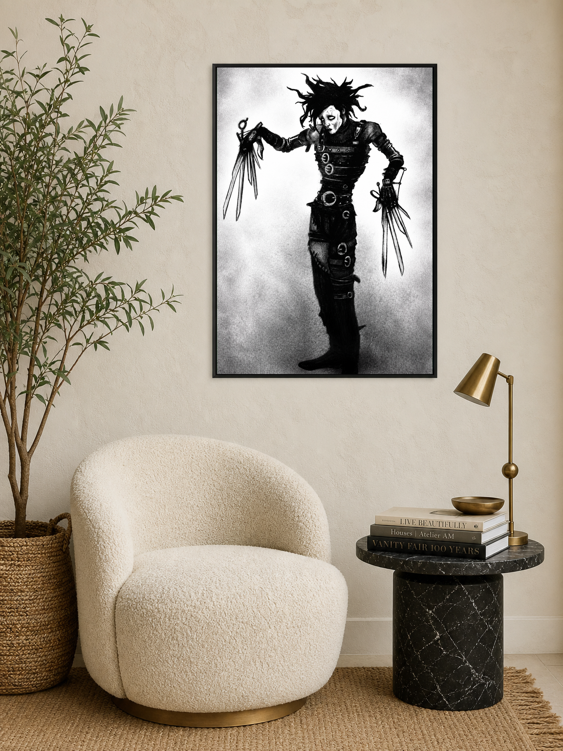 Gothic Scissor-Hand Figure Wall Art Print - black framed