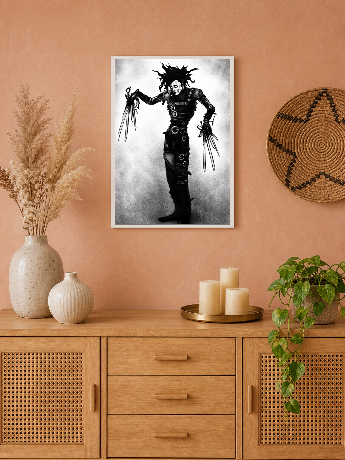 Gothic Scissor-Hand Figure Wall Art Print - white framed