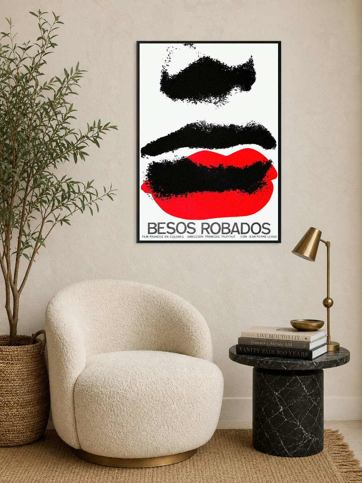 Besos Robados Minimal Lips Wall Art Print - black framed