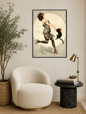 Vintage Flapper Woman & Black Cat Wall Art Print - black framed