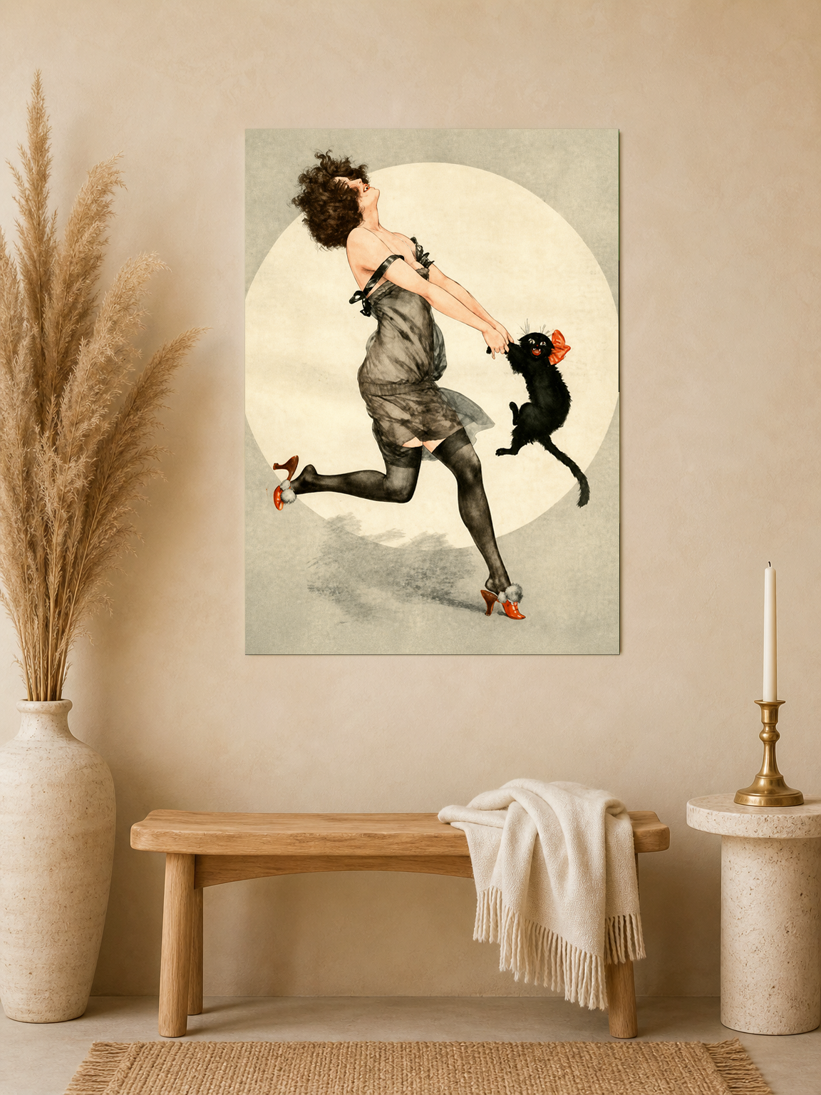 Vintage Flapper Woman & Black Cat Wall Art Print - unframed mockup