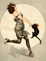 Vintage Flapper Woman & Black Cat Wall Art Print - unframed