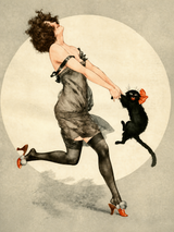 Vintage Flapper Woman & Black Cat Wall Art Print