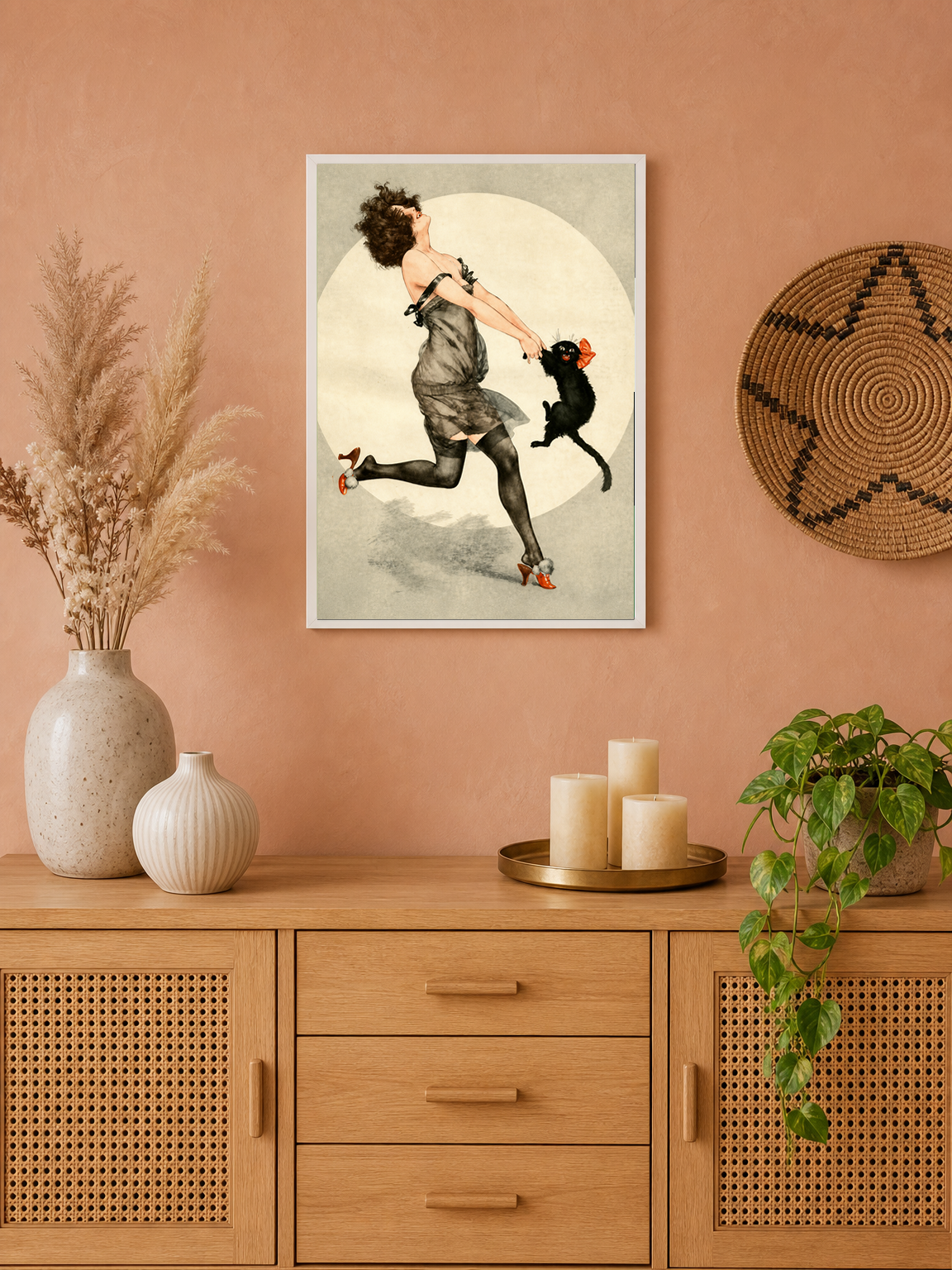 Vintage Flapper Woman & Black Cat Wall Art Print - white framed