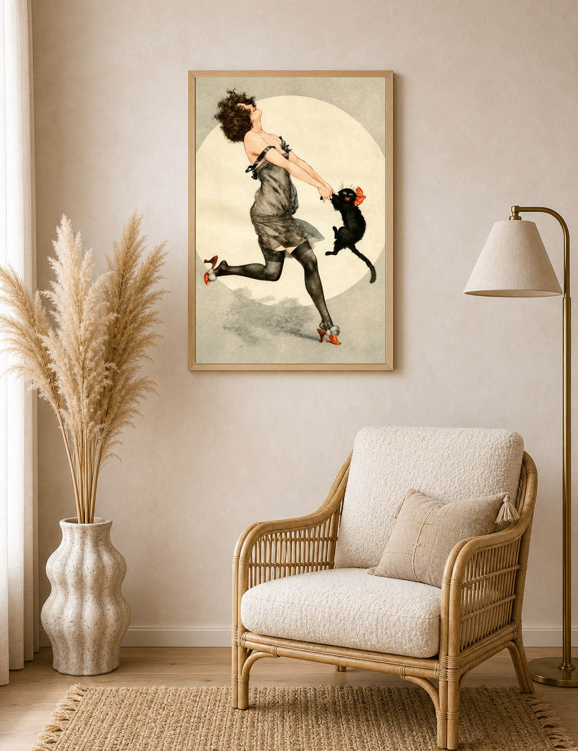 Vintage Flapper Woman & Black Cat Wall Art Print - wood framed poster
