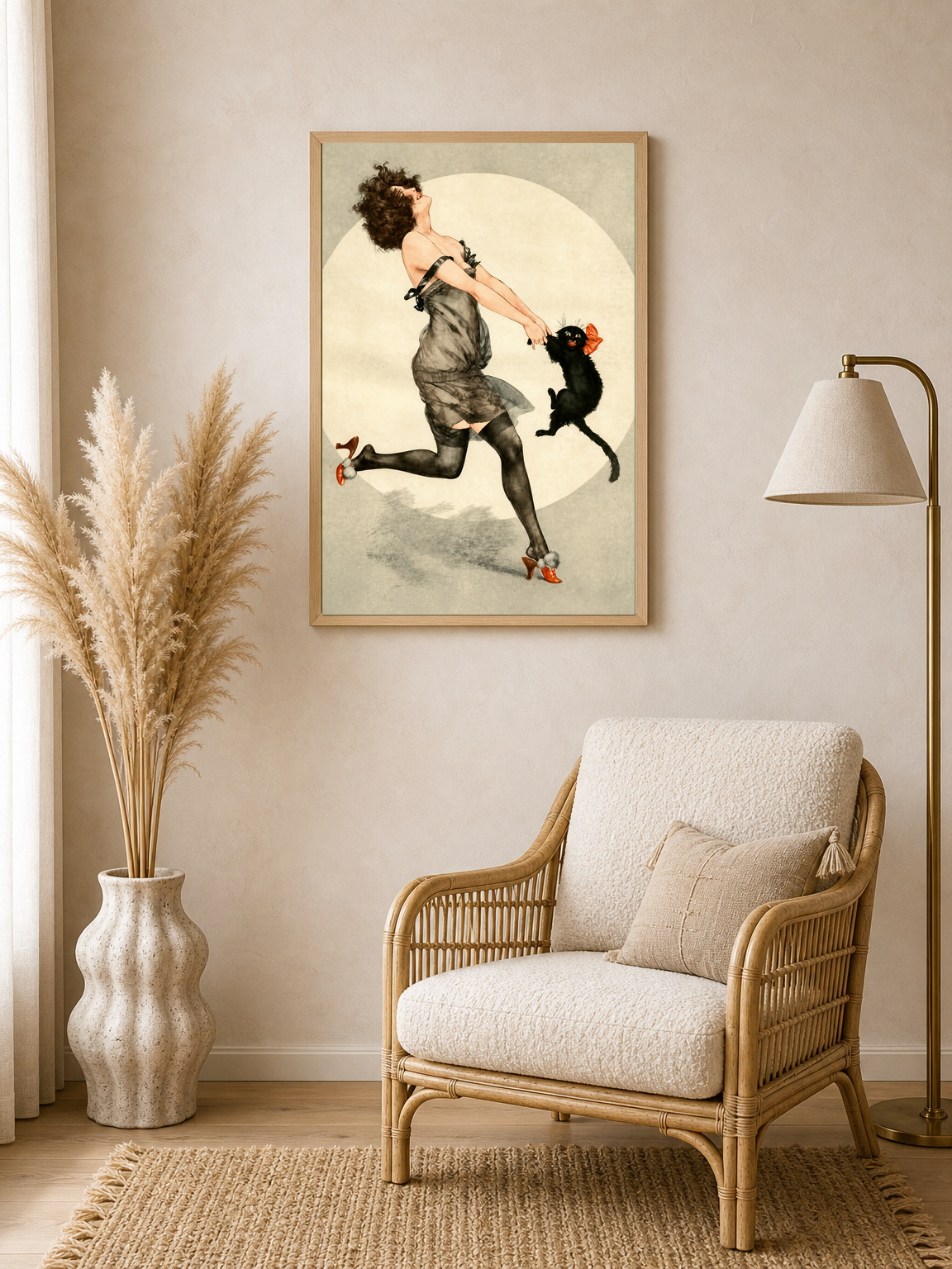 Vintage Flapper Woman & Black Cat Wall Art Print - wood framed poster